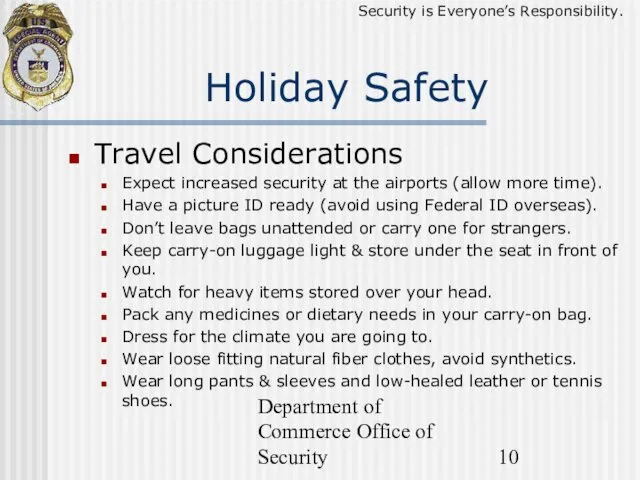 Department of Commerce Office of Security Holiday Safety Travel Considerations