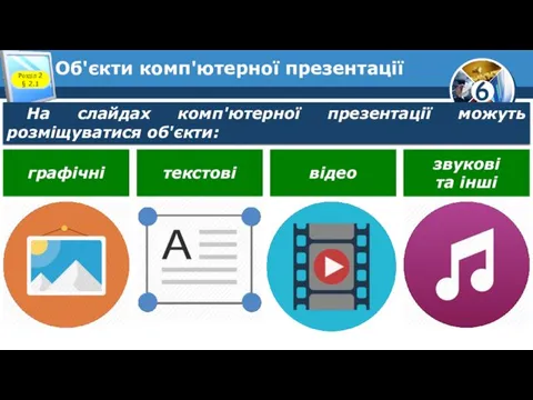 Об'єкти комп'ютерної презентації Розділ 2 § 2.1 На слайдах комп'ютерної