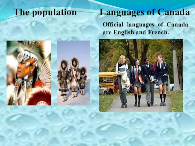 The population Languages of Canada Official languages of Canada are English and French.