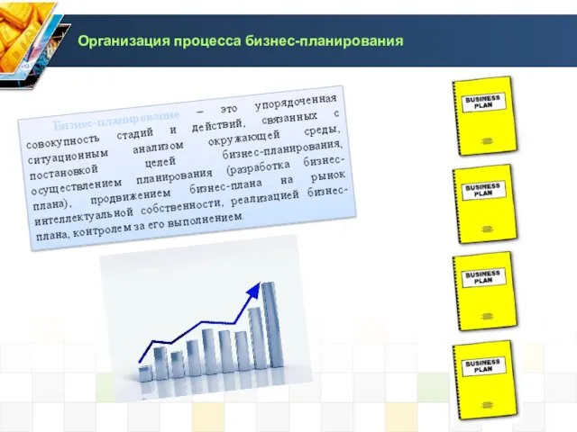 Организация процесса бизнес-планирования Бизнес-планирование – это упорядоченная совокупность стадий и