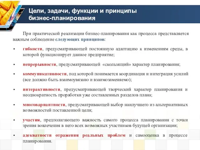 Цели, задачи, функции и принципы бизнес-планирования При практической реализации бизнес-планирования