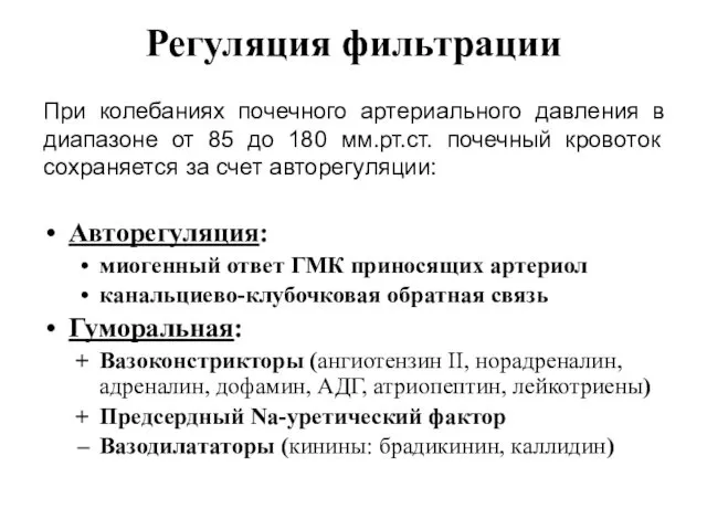 Регуляция фильтрации Авторегуляция: миогенный ответ ГМК приносящих артериол канальциево-клубочковая обратная