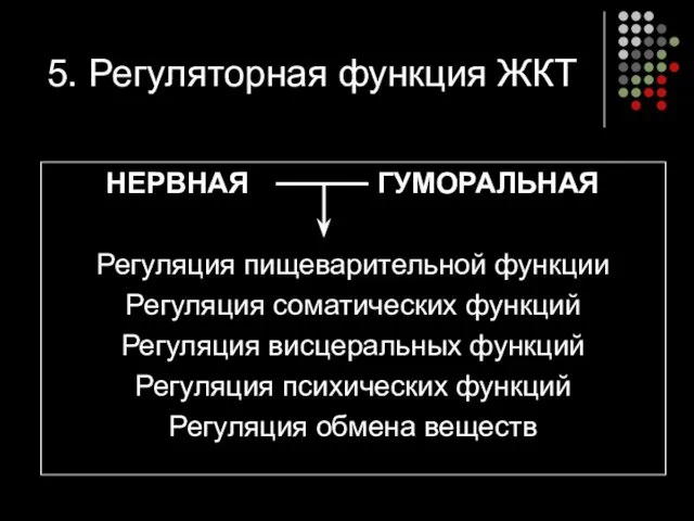 5. Регуляторная функция ЖКТ НЕРВНАЯ ГУМОРАЛЬНАЯ Регуляция пищеварительной функции Регуляция