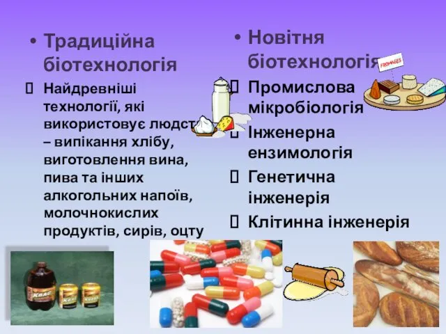 Традиційна біотехнологія Найдревніші технології, які використовує людство – випікання хлібу,