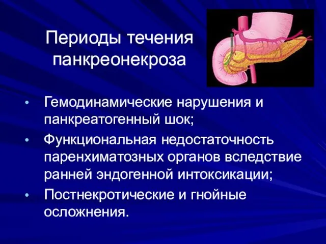 Периоды течения панкреонекроза Гемодинамические нарушения и панкреатогенный шок; Функциональная недостаточность