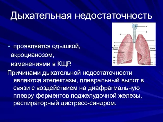 Дыхательная недостаточность проявляется одышкой, акроцианозом, изменениями в КЩР. Причинами дыхательной