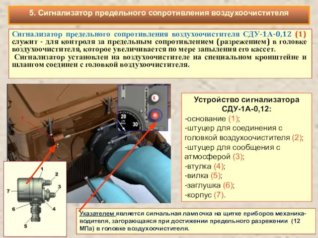 Сигнализатор предельного сопротивления воздухоочистителя СДУ-1А-0,12 (1) служит - для контроля