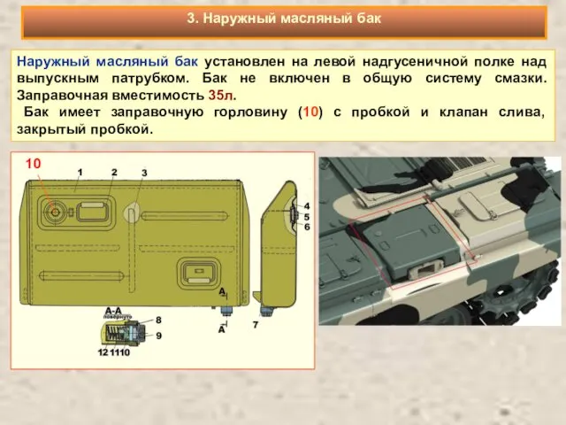 Наружный масляный бак установлен на левой надгусеничной полке над выпускным