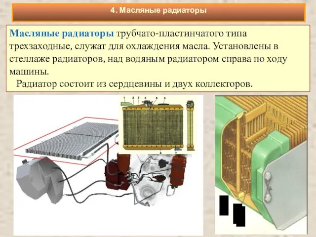 Масляные радиаторы трубчато-пластинчатого типа трехзаходные, служат для охлаждения масла. Установлены