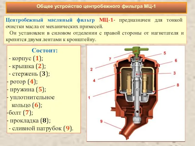 Центробежный масляный фильтр МЦ-1- предназначен для тонкой очистки масла от