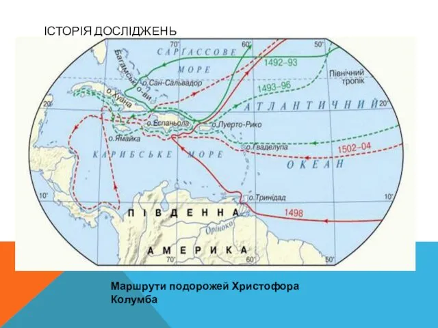 ІСТОРІЯ ДОСЛІДЖЕНЬ Маршрути подорожей Христофора Колумба