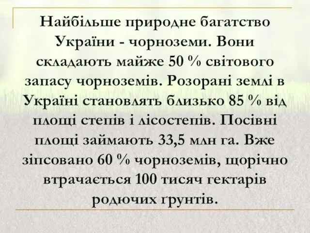 Найбільше природне багатство України - чорноземи. Вони складають майже 50
