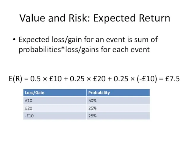 Value and Risk: Expected Return Expected loss/gain for an event