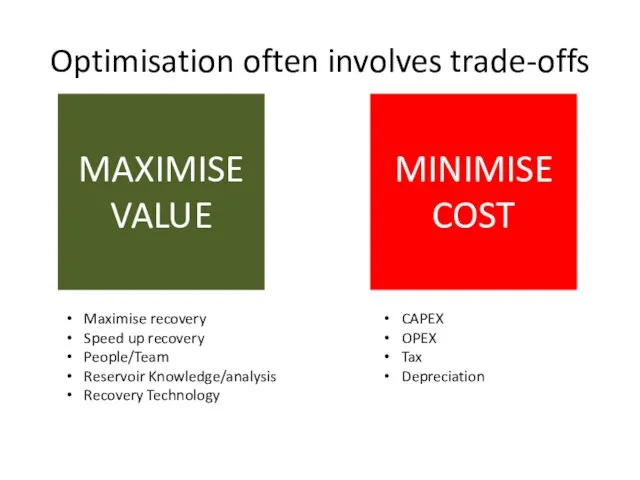 Optimisation often involves trade-offs MAXIMISE VALUE MINIMISE COST Maximise recovery