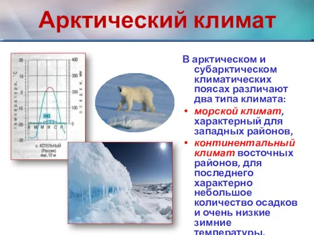 Арктический климат В арктическом и субарктическом климатических поясах различают два
