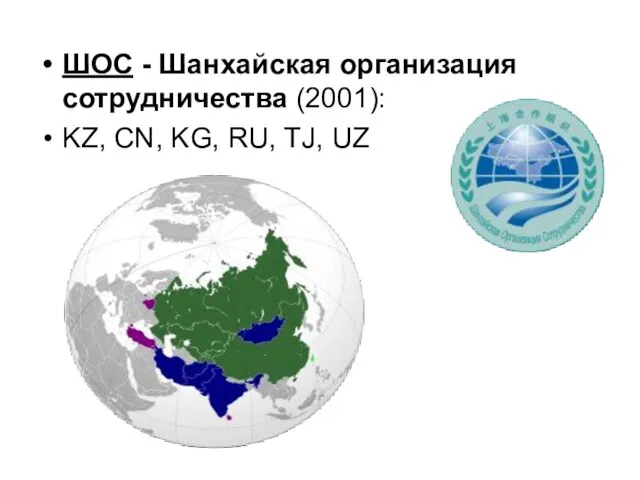 ШОС - Шанхайская организация сотрудничества (2001): KZ, CN, KG, RU, TJ, UZ