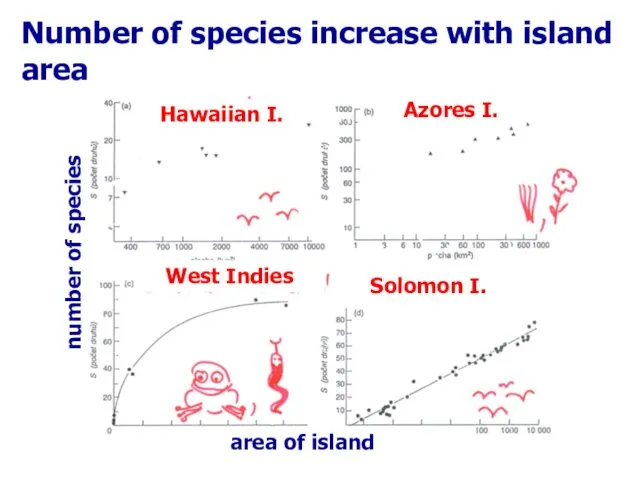 area of island number of species Hawaiian I. Azores I. West Indies Solomon