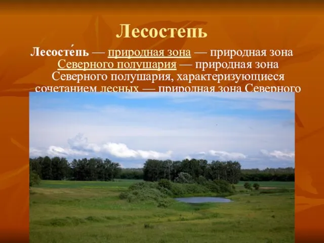 Лесостепь Лесосте́пь — природная зона — природная зона Северного полушария