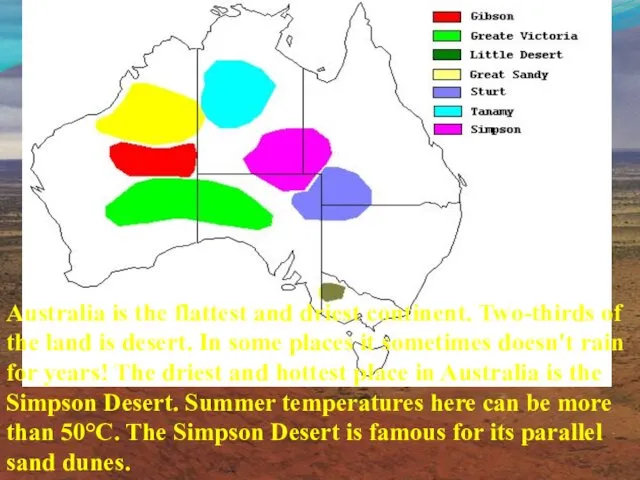 Australia is the flattest and driest continent. Two-thirds of the