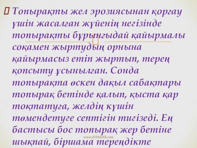 Топырақты жел эрозиясынан қорғау үшін жасалған жүйенің негізінде топырақты бұрынғыдай