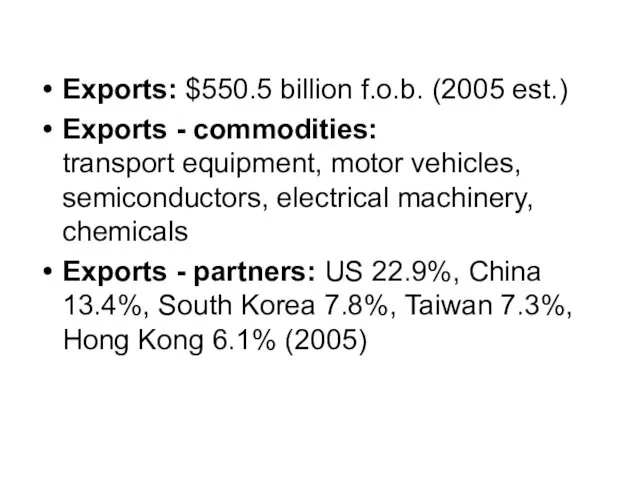 Exports: $550.5 billion f.o.b. (2005 est.) Exports - commodities: transport equipment, motor vehicles,