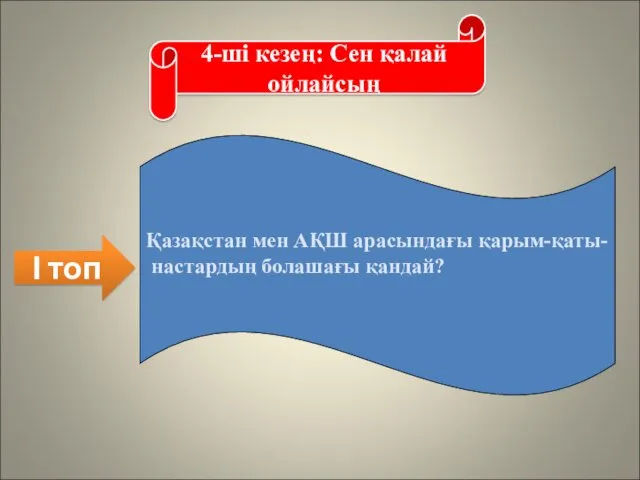 4-ші кезең: Сен қалай ойлайсың І топ Қазақстан мен АҚШ арасындағы қарым-қаты- настардың болашағы қандай?