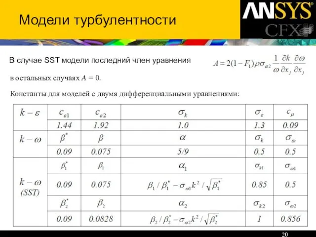 В случае SST модели последний член уравнения Модели турбулентности в