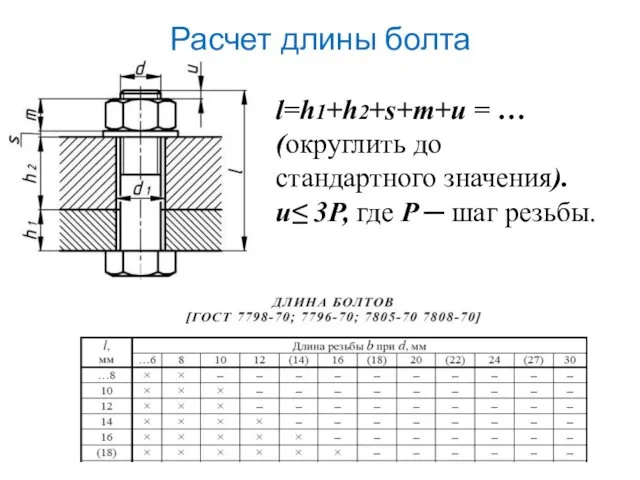 Расчет длины болта l=h1+h2+s+m+u = … (округлить до стандартного значения).