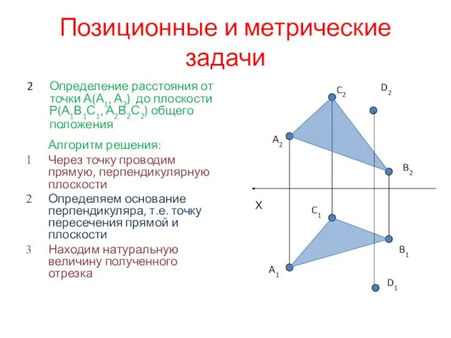 Позиционные и метрические задачи 2 Определение расстояния от точки А(А1, А2) до плоскости