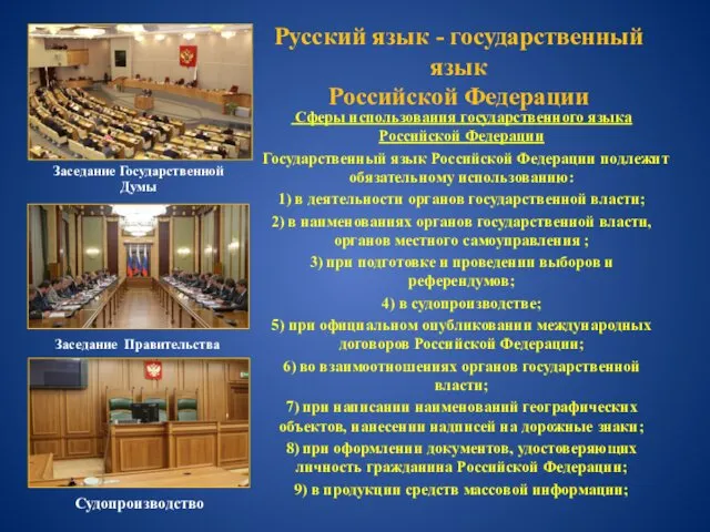 Русский язык - государственный язык Российской Федерации Сферы использования государственного языка Российской Федерации