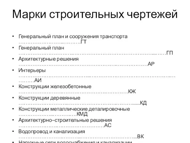 Марки строительных чертежей Генеральный план и сооружения транспорта ……………………..……….ГТ Генеральный