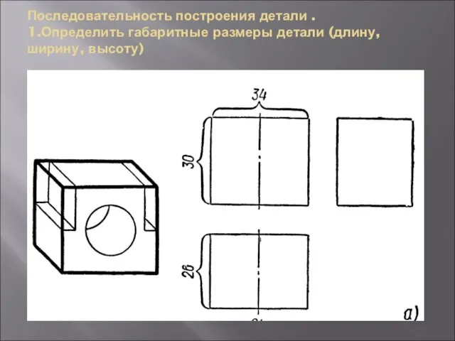 Последовательность построения детали . 1.Определить габаритные размеры детали (длину, ширину, высоту)