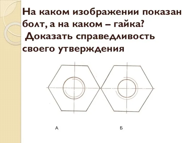 На каком изображении показан болт, а на каком – гайка? Доказать справедливость своего утверждения А Б