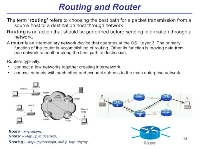Routing and Router The term ‘routing’ refers to choosing the
