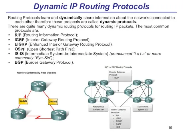 Dynamic IP Routing Protocols Routing Protocols learn and dynamically share