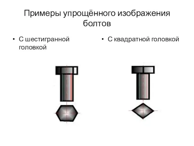 Примеры упрощённого изображения болтов С шестигранной головкой С квадратной головкой