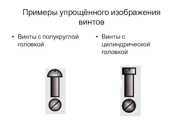 Примеры упрощённого изображения винтов Винты с полукруглой головкой Винты с цилиндрической головкой