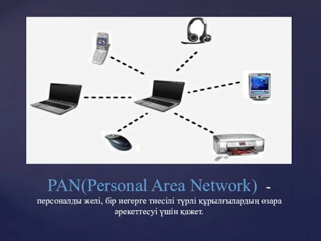 PAN(Personal Area Network) - персоналды желі, бір иегерге тиесілі түрлі құрылғылардың өзара әрекеттесуі үшін қажет.