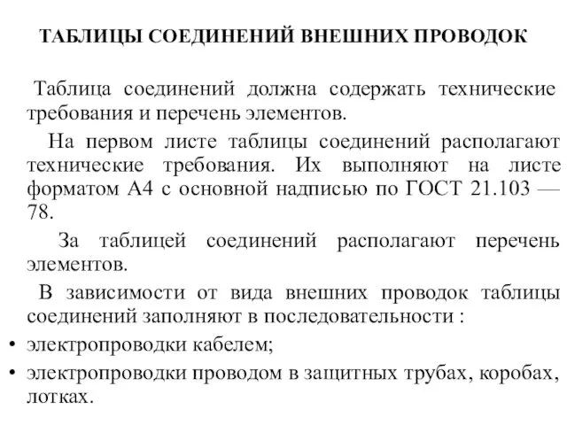 ТАБЛИЦЫ СОЕДИНЕНИЙ ВНЕШНИХ ПРОВОДОК Таблица соединений должна содержать технические требования