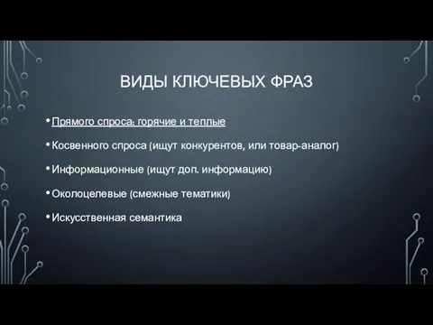 ВИДЫ КЛЮЧЕВЫХ ФРАЗ Прямого спроса: горячие и теплые Косвенного спроса