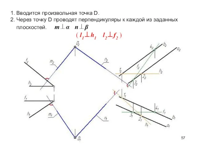 1. Вводится произвольная точка D. 2. Через точку D проводят