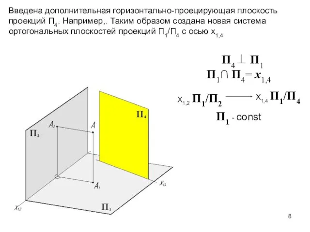 Введена дополнительная горизонтально-проецирующая плоскость проекций П4. Например,. Таким образом создана