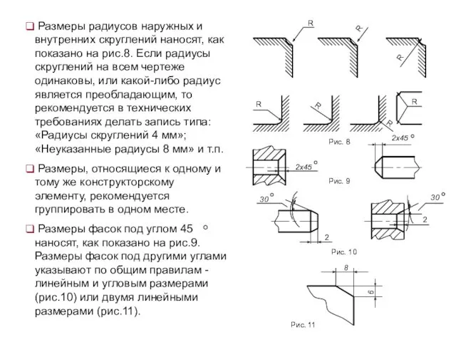 Размеры радиусов наружных и внутренних скруглений наносят, как показано на