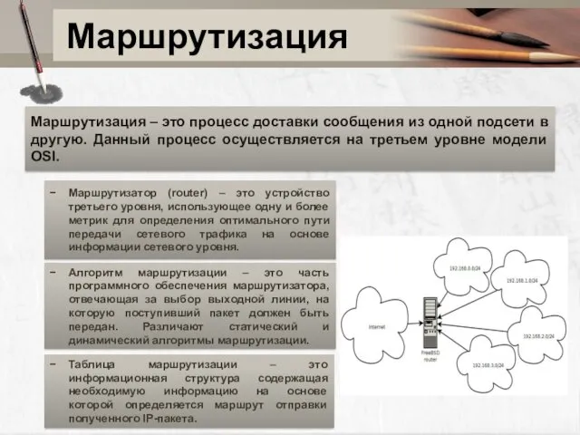 Маршрутизация Маршрутизация – это процесс доставки сообщения из одной подсети в другую. Данный