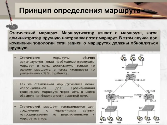 Принцип определения маршрута Статический маршрут. Маршрутизатор узнает о маршруте, когда администратор вручную настраивает