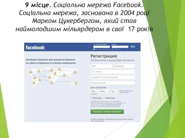 9 місце. Соціальна мережа Facebook. Соціальна мережа, заснована в 2004