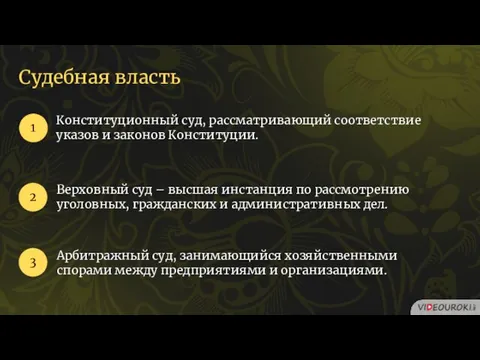 Судебная власть Конституционный суд, рассматривающий соответствие указов и законов Конституции.