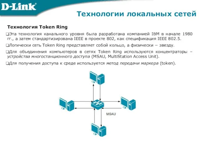 Технологии локальных сетей Технология Token Ring Эта технология канального уровня была разработана компанией