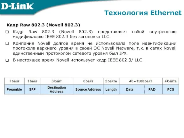 Технология Ethernet Кадр Raw 802.3 (Novell 802.3) Кадр Raw 802.3 (Novell 802.3) представляет