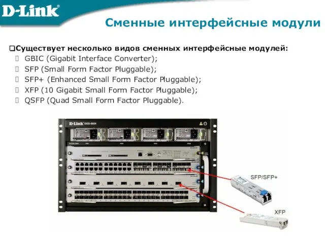 Сменные интерфейсные модули Существует несколько видов сменных интерфейсные модулей: GBIC (Gigabit Interface Converter);